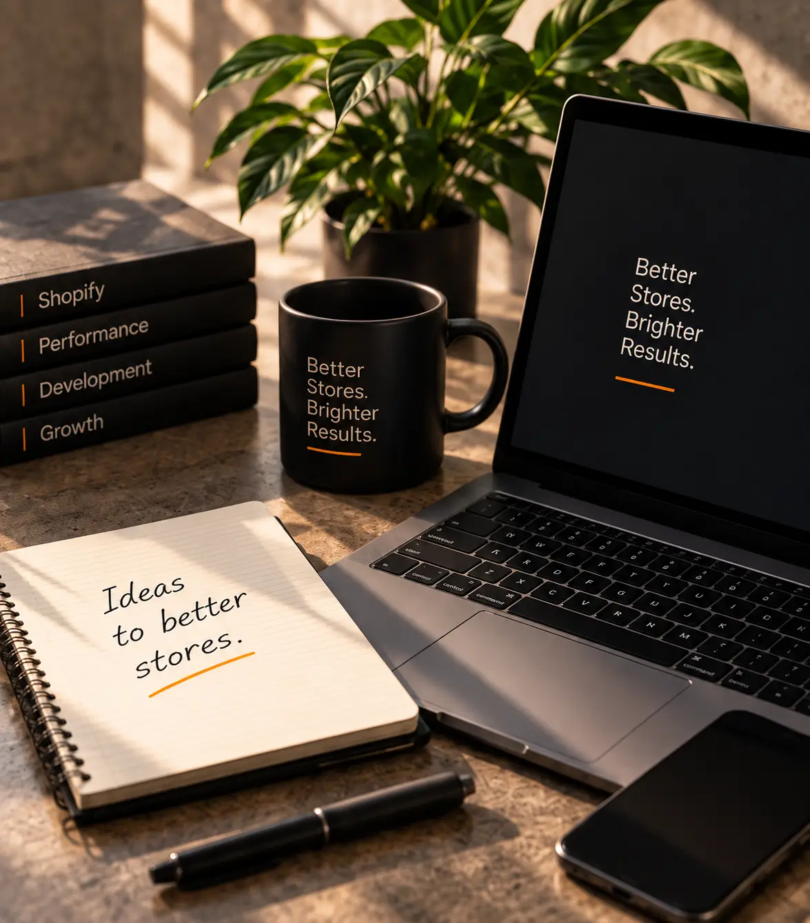 Sunlit workspace with Shopify books, a notebook, and a laptop displaying Better Stores. Brighter Results.
